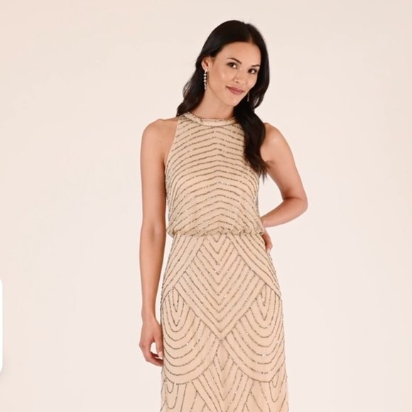 Adrianna Papell - ART DECO BEADED DRESS WITH HALTER NECKLINE IN CHAMPAGNE GOLD - Picture 2 of 5